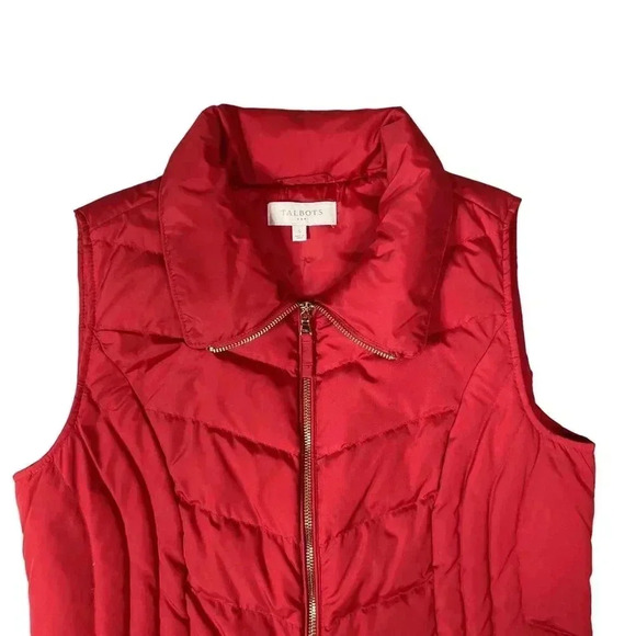 Talbots S Quilted Down Fill Puffer Vest Red Gold Zip Pocket High Neck Soft Shell - Picture 6 of 14